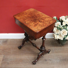 Load image into Gallery viewer, x SOLD Antique English Burr Walnut Sewing Table – Drawer, Work Bag, Key Included. B12574

