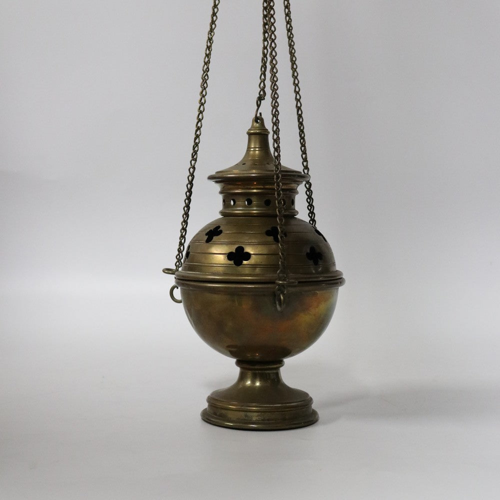 x SOLD Antique French Brass Thurible Censer – Quatrefoil Motifs, Wonderful aged Patina. B12396