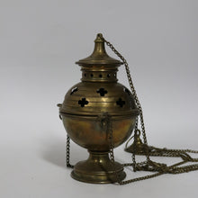 Load image into Gallery viewer, x SOLD Antique French Brass Thurible Censer – Quatrefoil Motifs, Wonderful aged Patina. B12396
