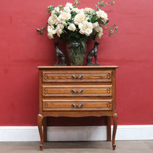 Load image into Gallery viewer, French Oak Bedside Chest Three Drawers Brass Handles Vintage. B12805
