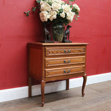 Load image into Gallery viewer, French Oak Bedside Chest Three Drawers Brass Handles Vintage. B12805
