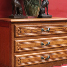 Load image into Gallery viewer, French Oak Bedside Chest Three Drawers Brass Handles Vintage. B12805
