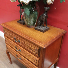 Load image into Gallery viewer, French Oak Bedside Chest Three Drawers Brass Handles Vintage. B12805
