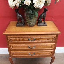 Load image into Gallery viewer, French Oak Bedside Chest Three Drawers Brass Handles Vintage. B12805
