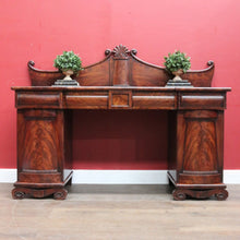 Load image into Gallery viewer, Antique English Twin Pedestal Sideboard Scrolled Backboard c1830. B12987
