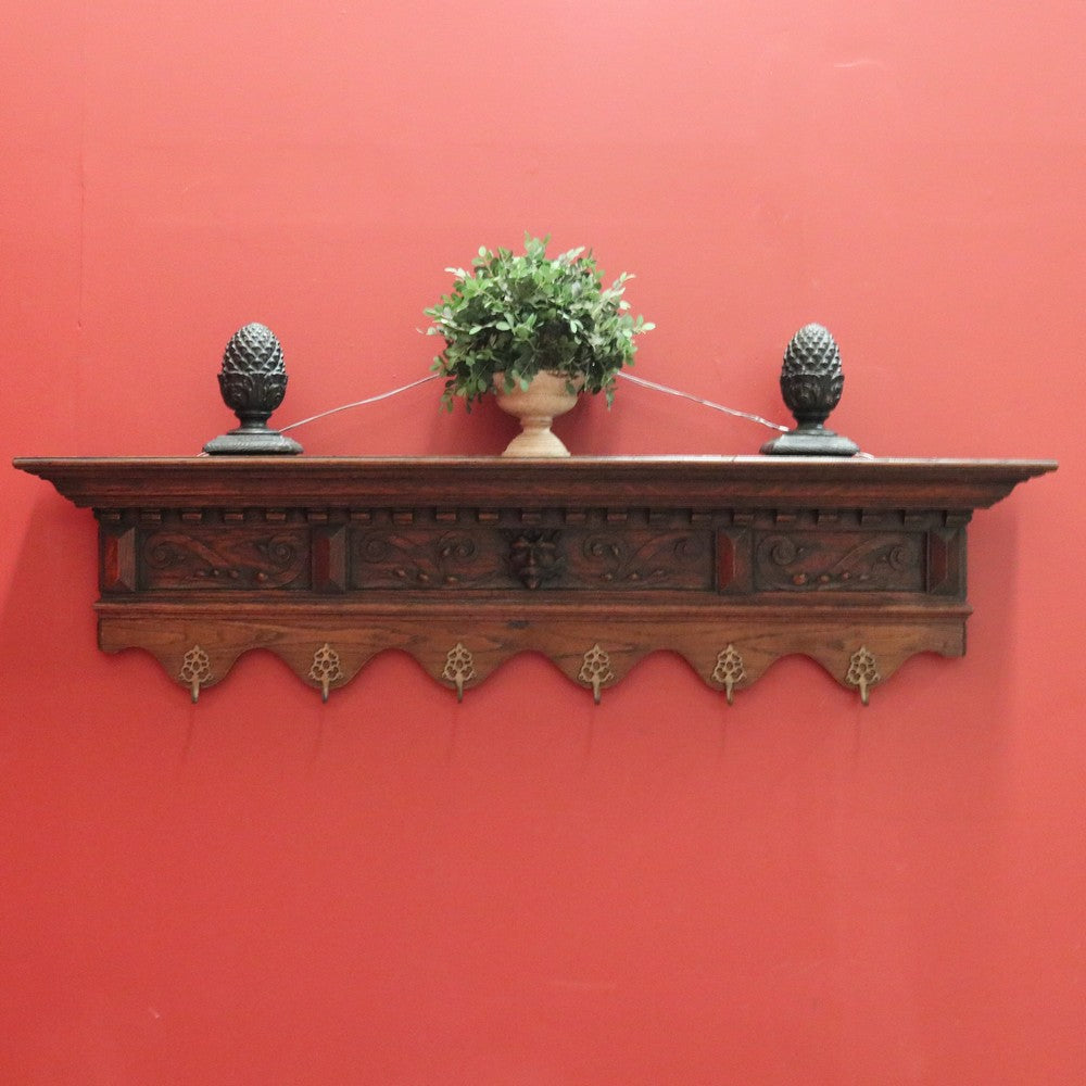 x SOLD Antique French Oak Coat Rack with Brass Hooks and a Carved Greenman Centrepiece. B12037