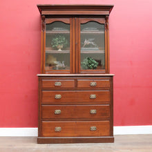 Load image into Gallery viewer, Antique Pine Bookcase Glass Doors Drawers, Leather Fronted Shelves. B12980
