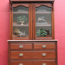 Load image into Gallery viewer, Antique Pine Bookcase Glass Doors Drawers, Leather Fronted Shelves. B12980

