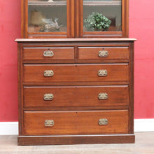Load image into Gallery viewer, Antique Pine Bookcase Glass Doors Drawers, Leather Fronted Shelves. B12980
