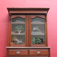 Load image into Gallery viewer, Antique Pine Bookcase Glass Doors Drawers, Leather Fronted Shelves. B12980
