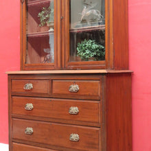 Load image into Gallery viewer, Antique Pine Bookcase Glass Doors Drawers, Leather Fronted Shelves. B12980
