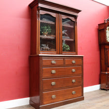 Load image into Gallery viewer, Antique Pine Bookcase Glass Doors Drawers, Leather Fronted Shelves. B12980
