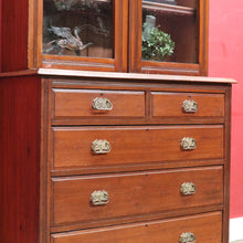 Load image into Gallery viewer, Antique Pine Bookcase Glass Doors Drawers, Leather Fronted Shelves. B12980
