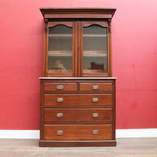 Load image into Gallery viewer, Antique Pine Bookcase Glass Doors Drawers, Leather Fronted Shelves. B12980
