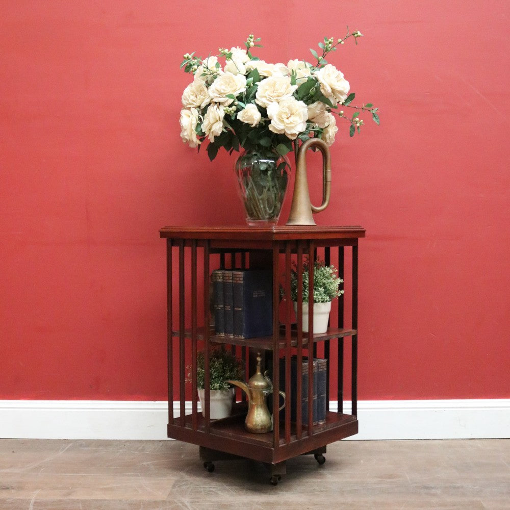 Antique English Mahogany Revolving Bookcase – 2 Tier, Inlaid Top, on Casters. B12592