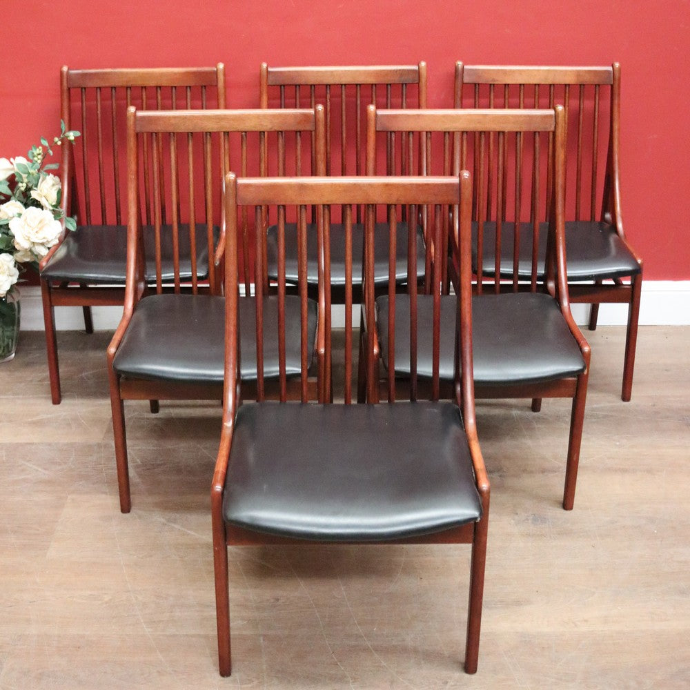 Set of Six Mid-Century Scandinavian Dining Chairs – Spindle Back, Black Seats. B12589