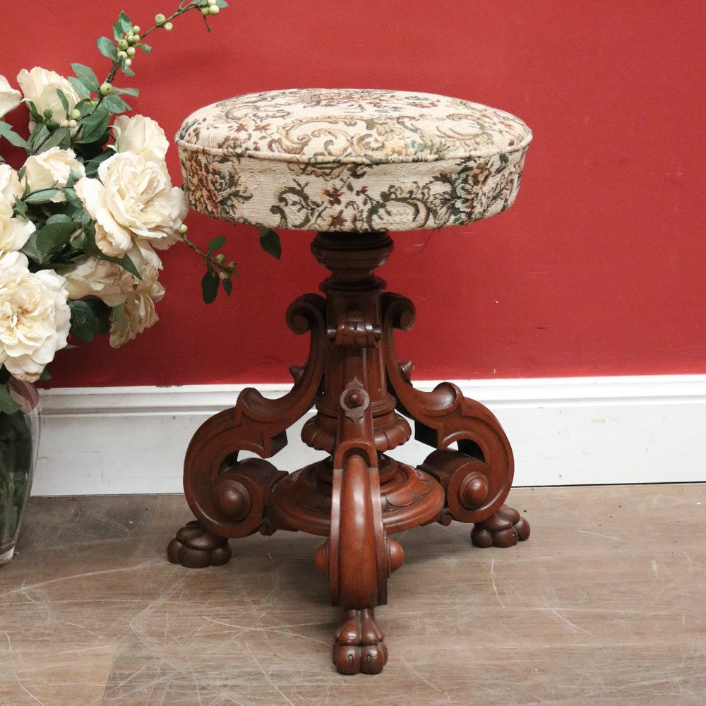 Antique English Walnut Piano Stool – Tapestry Seat, Carved Pedestal, Paw Feet. B12443