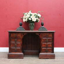 Load image into Gallery viewer, Antique English Oak 8 Drawer Leather Top Brass handles Office Desk with Cabinet Back B13010
