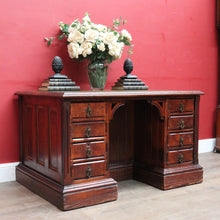 Load image into Gallery viewer, Antique English Oak 8 Drawer Leather Top Brass handles Office Desk with Cabinet Back B13010
