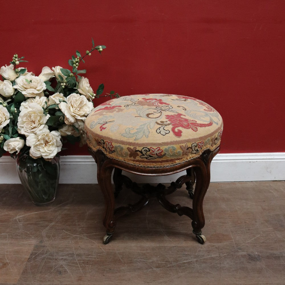 Antique English, Brazilian Rosewood Carved Louis XV Style Stool with Floral Tapestry Seat. B12603