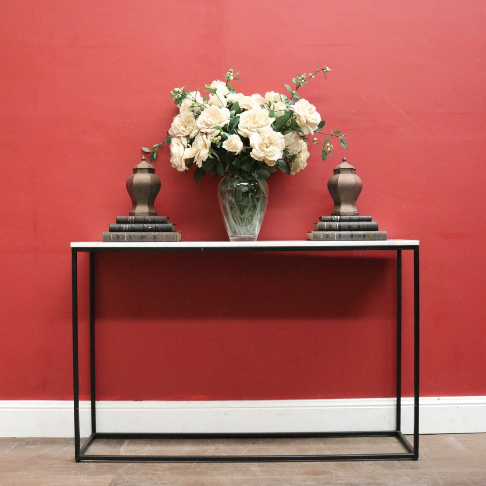 Vintage Modern Black Hand-Forged Metal Hall Console Table with White Marble Top. B12601