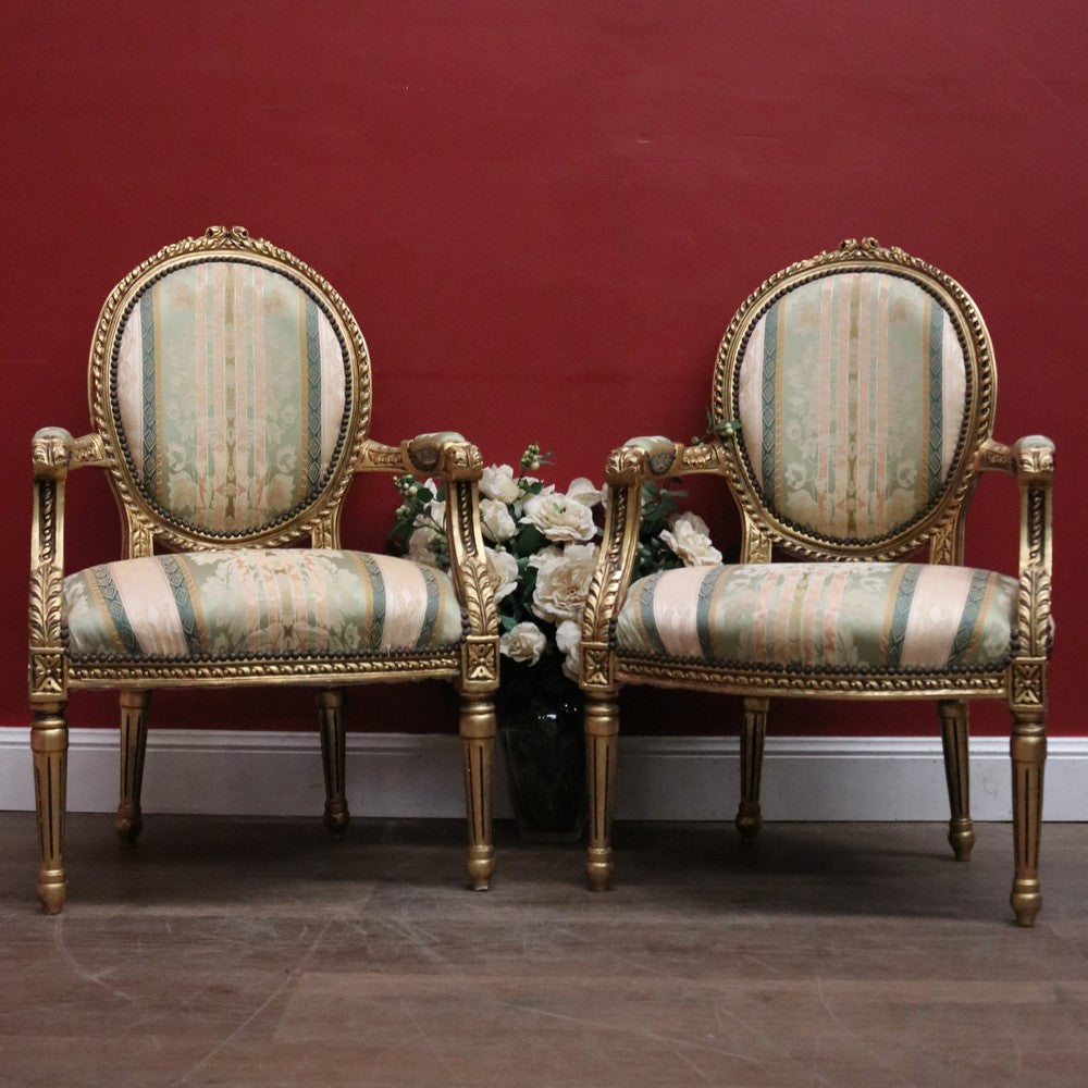 Pair of Vintage French Armchairs with Gilt Timber Frames and Striped Pastel Fabric. B12599