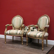 Load image into Gallery viewer, Pair of Vintage French Armchairs with Gilt Timber Frames and Striped Pastel Fabric. B12599
