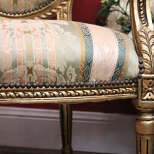 Load image into Gallery viewer, Pair of Vintage French Armchairs with Gilt Timber Frames and Striped Pastel Fabric. B12599
