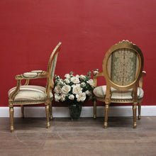 Load image into Gallery viewer, Pair of Vintage French Armchairs with Gilt Timber Frames and Striped Pastel Fabric. B12599
