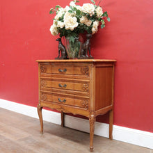 Load image into Gallery viewer, Vintage French chest of three drawers with carved detail and cast metal handles. B12824

