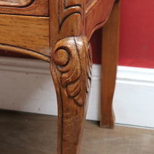 Load image into Gallery viewer, Vintage French chest of three drawers with carved detail and cast metal handles. B12824
