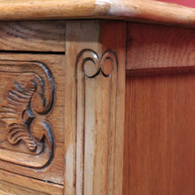 Load image into Gallery viewer, Vintage French chest of three drawers with carved detail and cast metal handles. B12824
