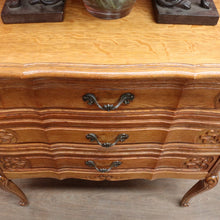 Load image into Gallery viewer, Vintage French chest of three drawers with carved detail and cast metal handles. B12824

