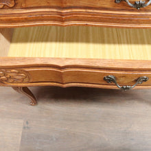 Load image into Gallery viewer, Vintage French chest of three drawers with carved detail and cast metal handles. B12824
