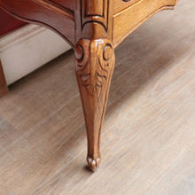 Load image into Gallery viewer, Vintage French chest of three drawers with carved detail and cast metal handles. B12824
