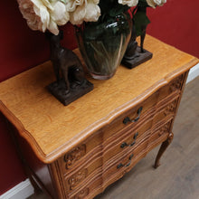 Load image into Gallery viewer, Vintage French chest of three drawers with carved detail and cast metal handles. B12824
