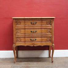Load image into Gallery viewer, Vintage French chest of three drawers with carved detail and cast metal handles. B12824

