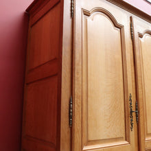 Load image into Gallery viewer, Antique French Oak 4 Door Armoire/ Wardrobe with hanging space shelves and three keys. B12743
