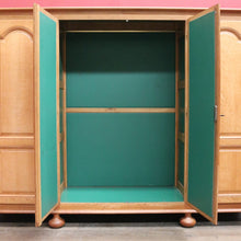 Load image into Gallery viewer, Antique French Oak 4 Door Armoire/ Wardrobe with hanging space shelves and three keys. B12743

