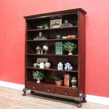 Load image into Gallery viewer, Vintage Australian Cedar Bookcase – Four Shelves, Three Drawers, Carved Detail. B12614
