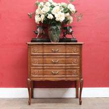 Load image into Gallery viewer, Vintage French chest of drawers with shaped front and brass handles. B12823
