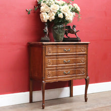 Load image into Gallery viewer, Vintage French chest of drawers with shaped front and brass handles. B12823
