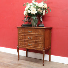 Load image into Gallery viewer, Vintage French chest of drawers with shaped front and brass handles. B12823
