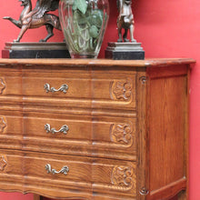 Load image into Gallery viewer, Vintage French chest of drawers with shaped front and brass handles. B12823
