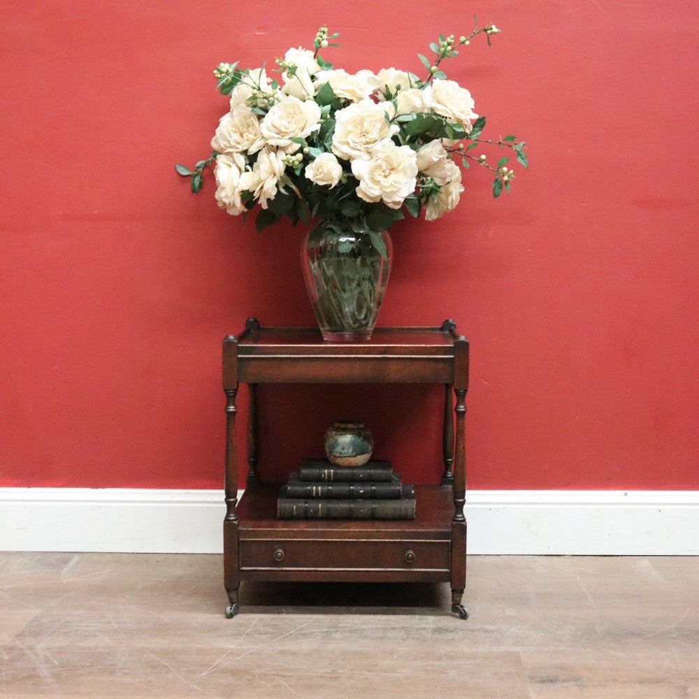 Antique English Mahogany Side Table – Two Tier with Drawer and Brass Castors. B12615