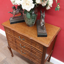 Load image into Gallery viewer, Vintage French chest of drawers with shaped front and brass handles. B12823
