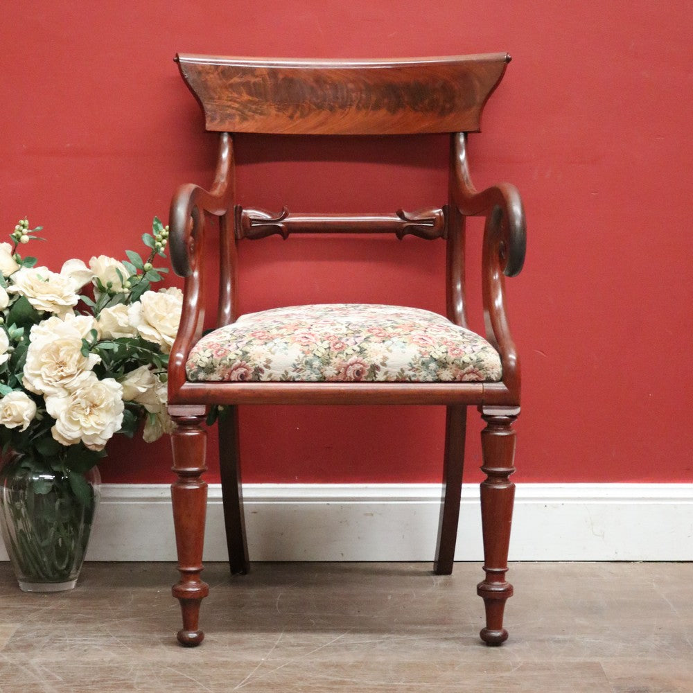 Antique English Mahogany Armchair – Scroll Arms, Turned Legs, Padded Seat. B12612