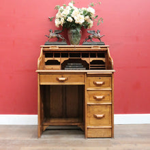 Load image into Gallery viewer, Antique English oak single pedestal roll top desk with key and fitted interior. B13022
