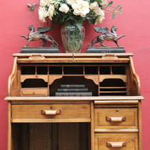 Load image into Gallery viewer, Antique English oak single pedestal roll top desk with key and fitted interior. B13022
