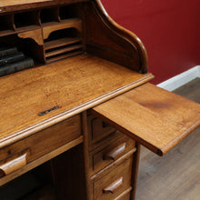 Load image into Gallery viewer, Antique English oak single pedestal roll top desk with key and fitted interior. B13022
